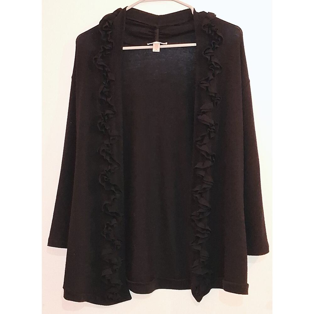 Forever Fashion Petite Women’s Med. Black Open Front Sweater Ruffle Trim Design